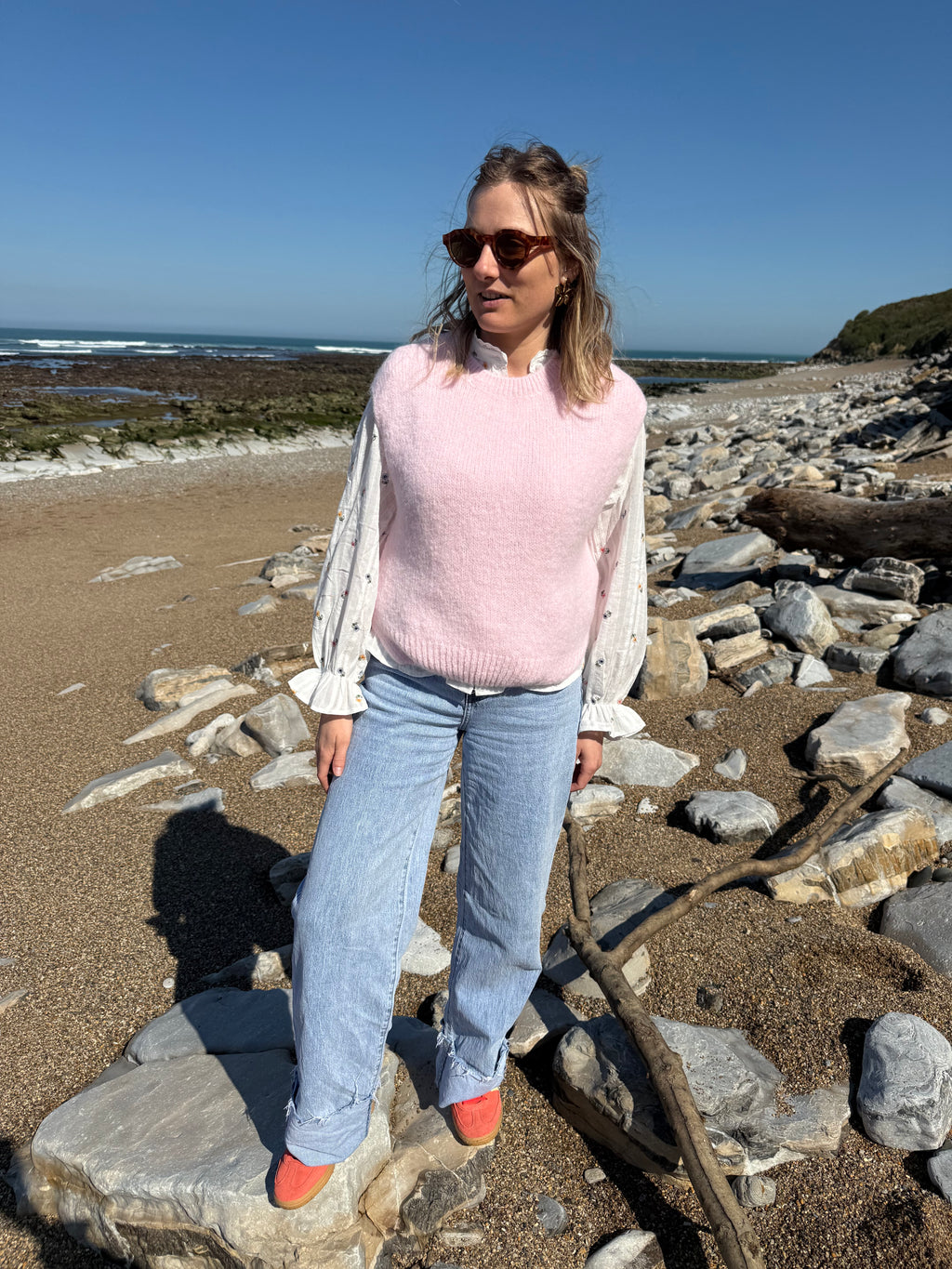 Pull sans manches CAROLINE rose pale