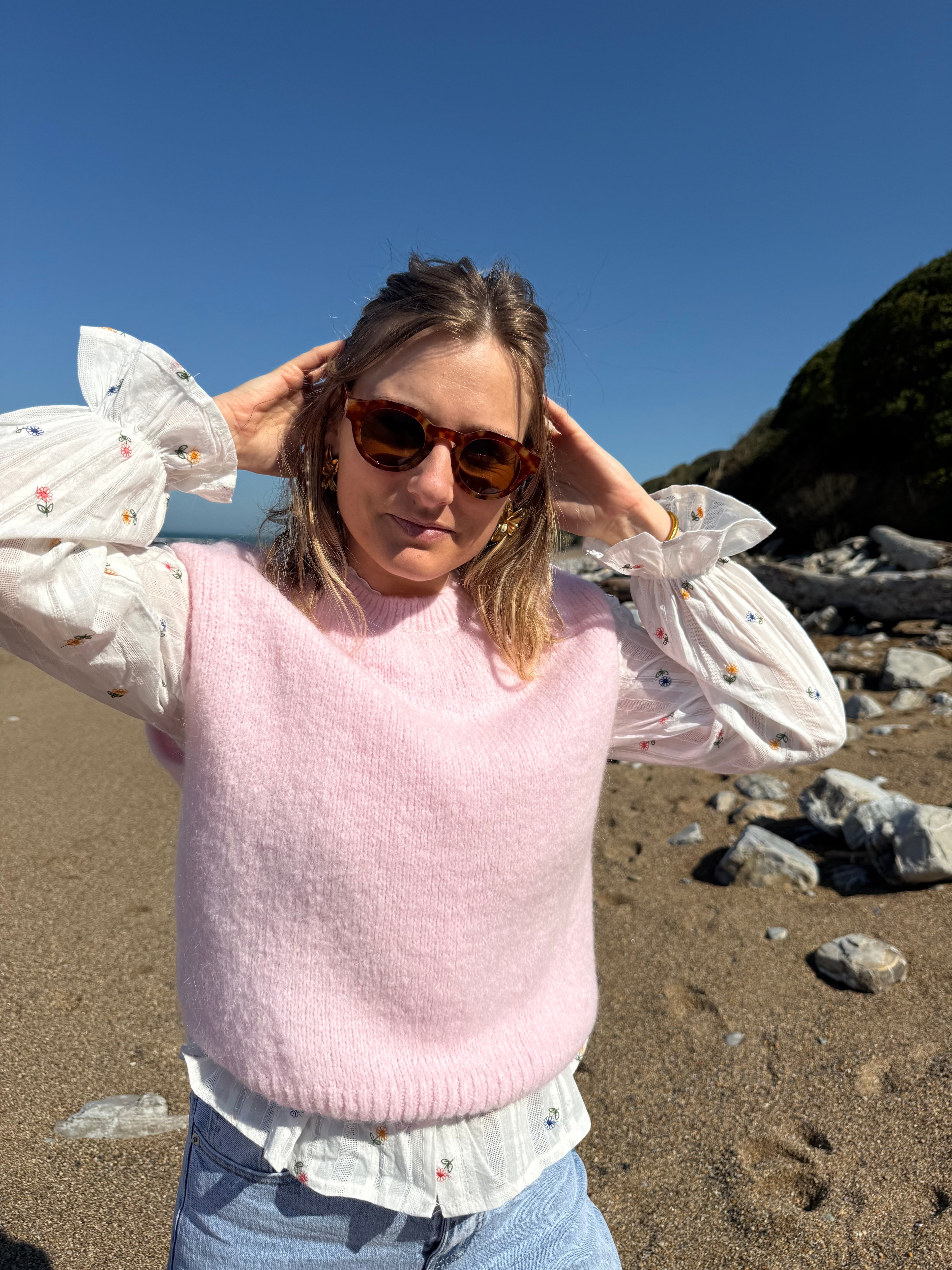 Pull sans manches CAROLINE rose pale