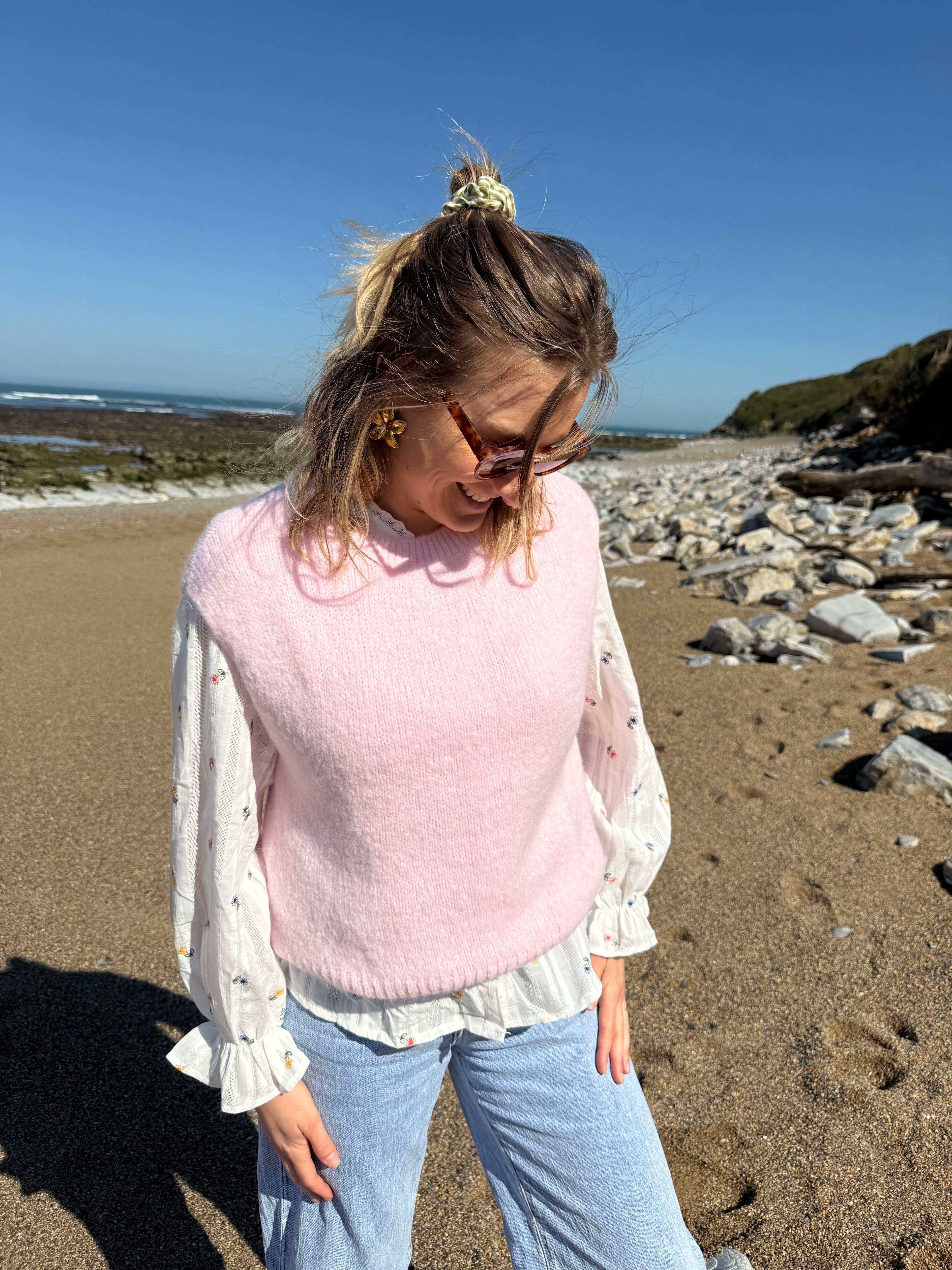 Pull sans manches CAROLINE rose pale